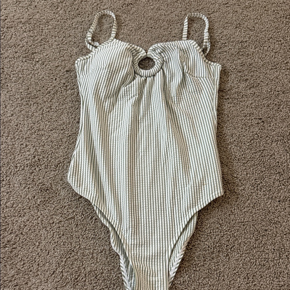 OP Striped One-Piece Swimsuit - White and Gray